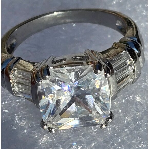 Square-Cut CZ Sterling Silver Ring With Baguette Accents Marked 925 Signed DBJ - Picture 3 of 9